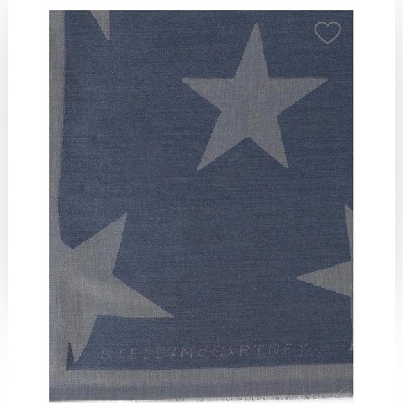 STELLA MCCARTNEY Blue Silk Scarf, Star ⭐️ Motif with Fringe Ends - Picture 6 of 14